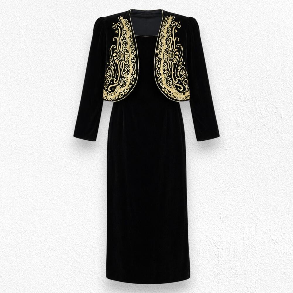 Vintage Black Velvet Gold Embroidered Column Dress Jacket Set Size 16 Made USA